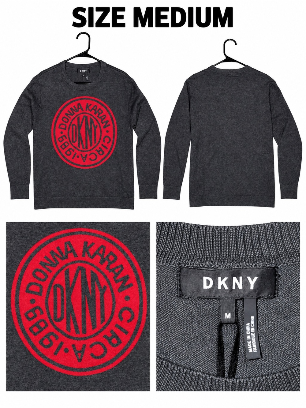 DKNY Dark Gray Crewneck Sweater with Red Logo Seal
